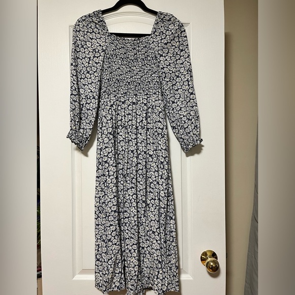 J. Crew XXS smocked maxi dress in navy, white and neon yellow daisy pattern. - Picture 4 of 4